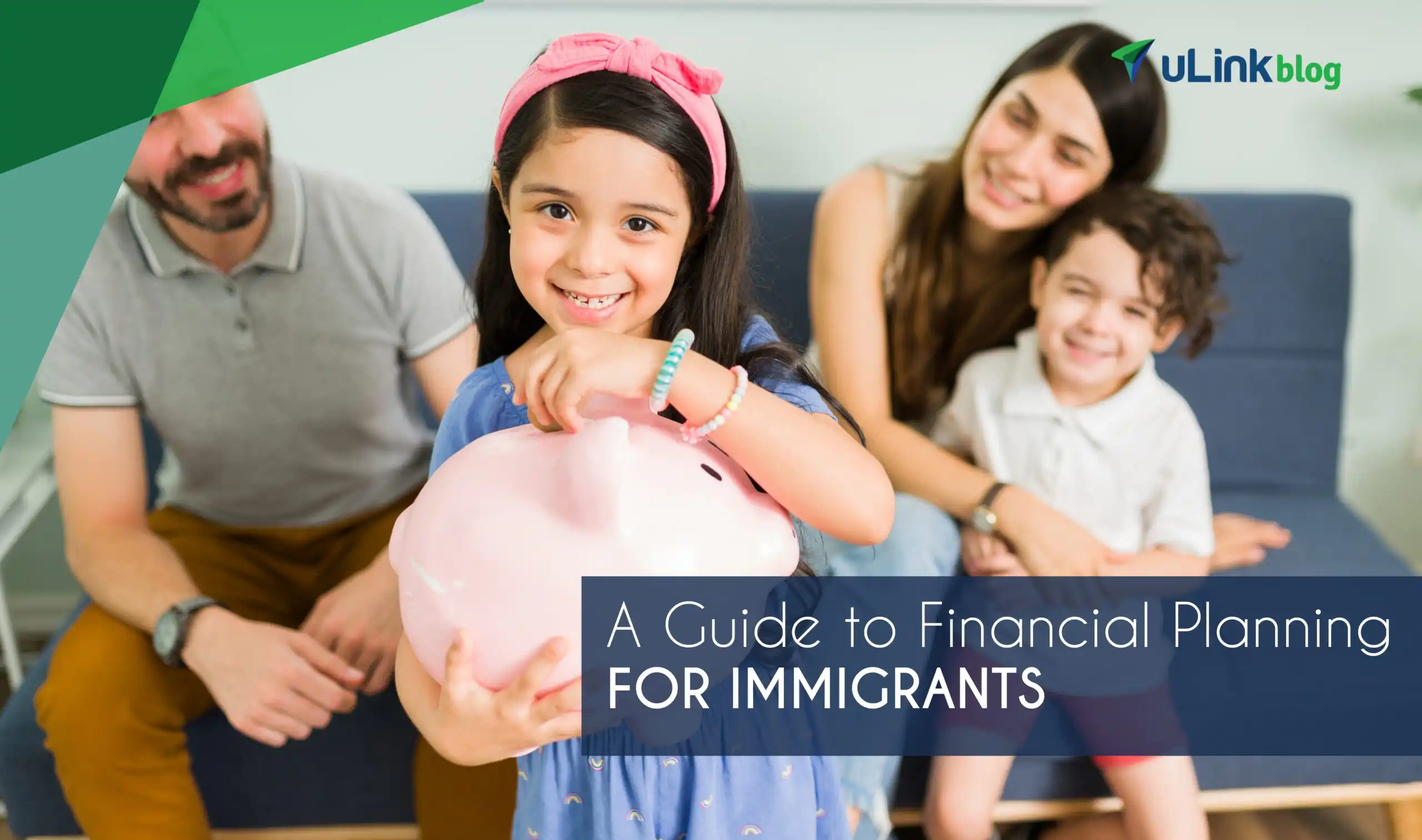 A smiling girl places a coin in a piggy bank, with her happy family behind her.