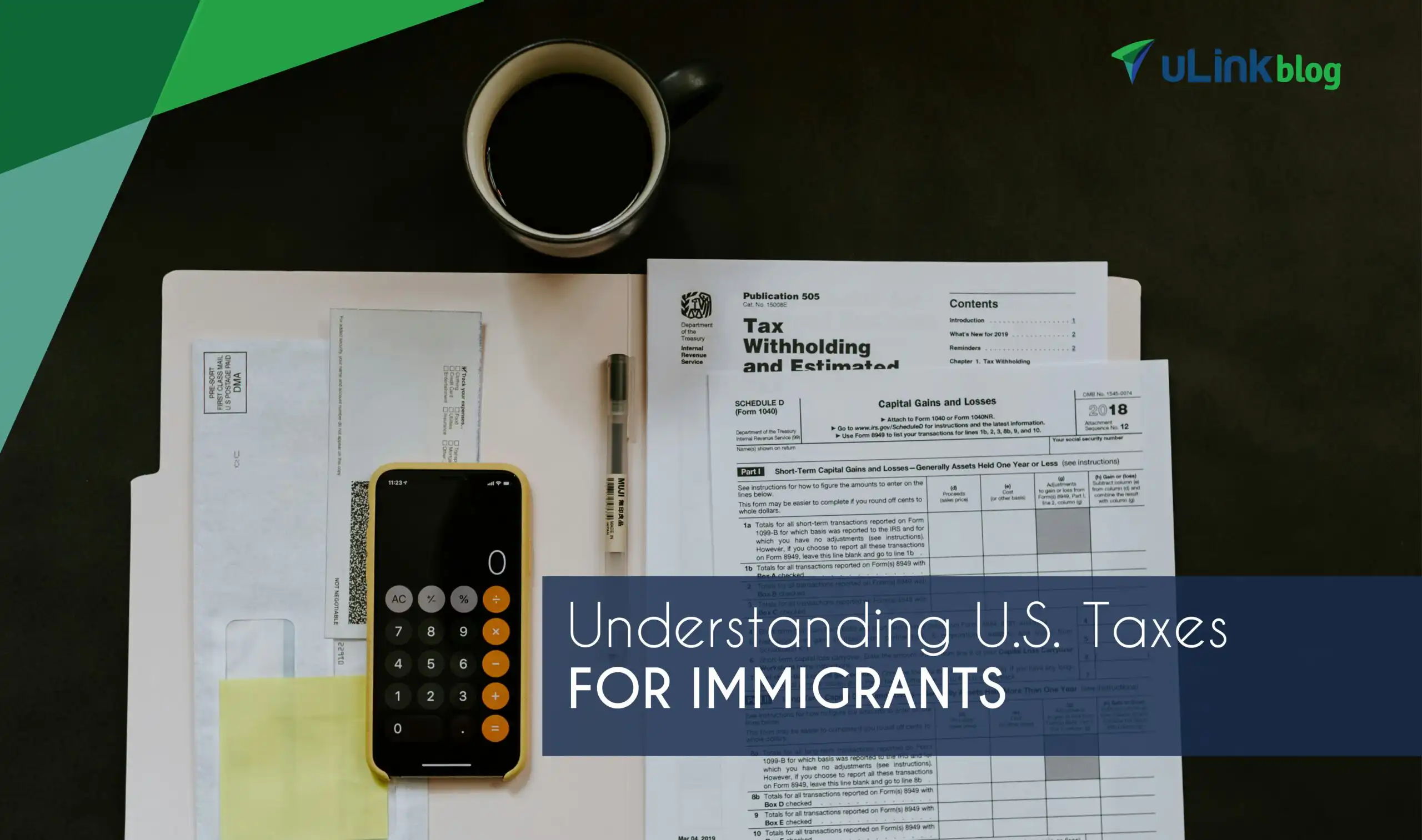 Tax forms in a folder with a calculator and other tax-related documents.