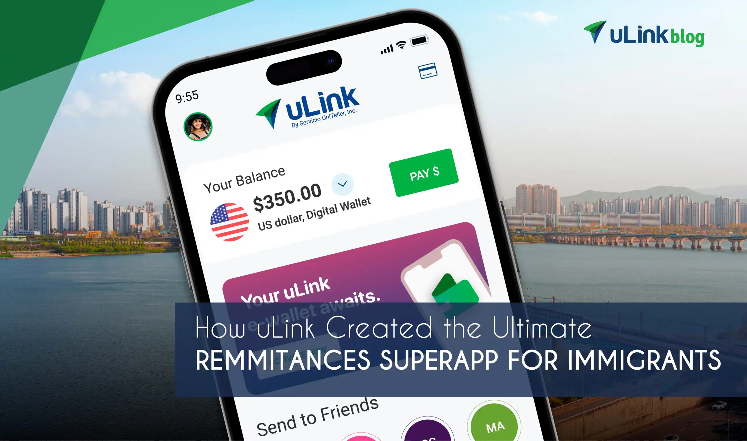 Phone displaying uLink's SuperApp with a city skyline in the background.