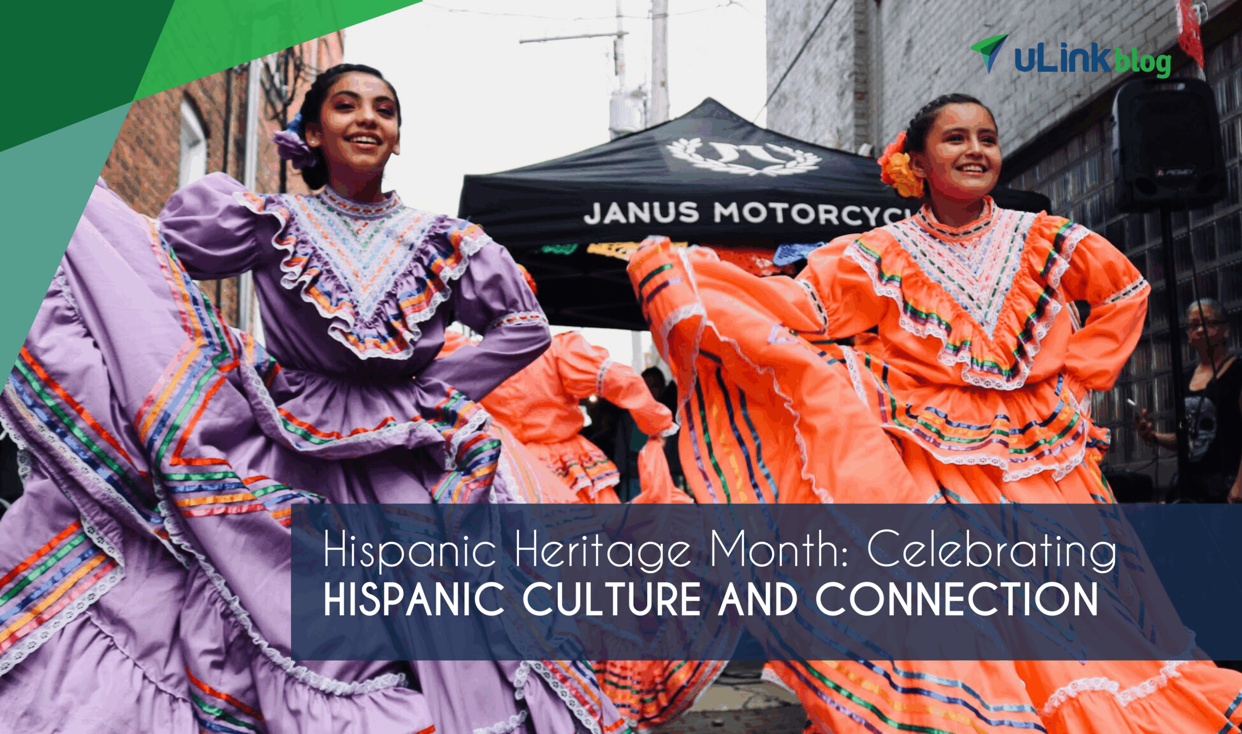 Dancers in colorful traditional dresses perform during a street celebration for Hispanic Heritage Month.